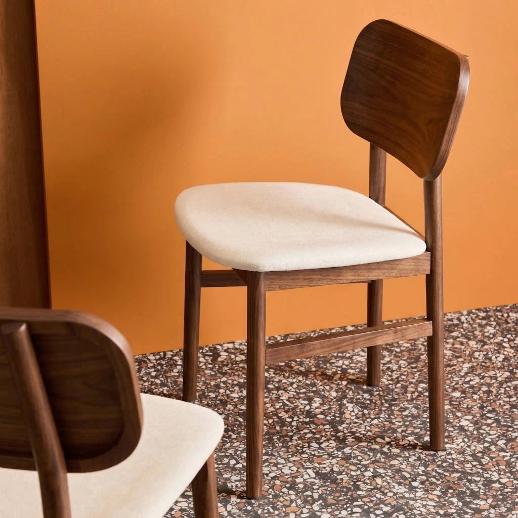 Set di 2 sedie vintage in legno di hevea e tessuto, noce