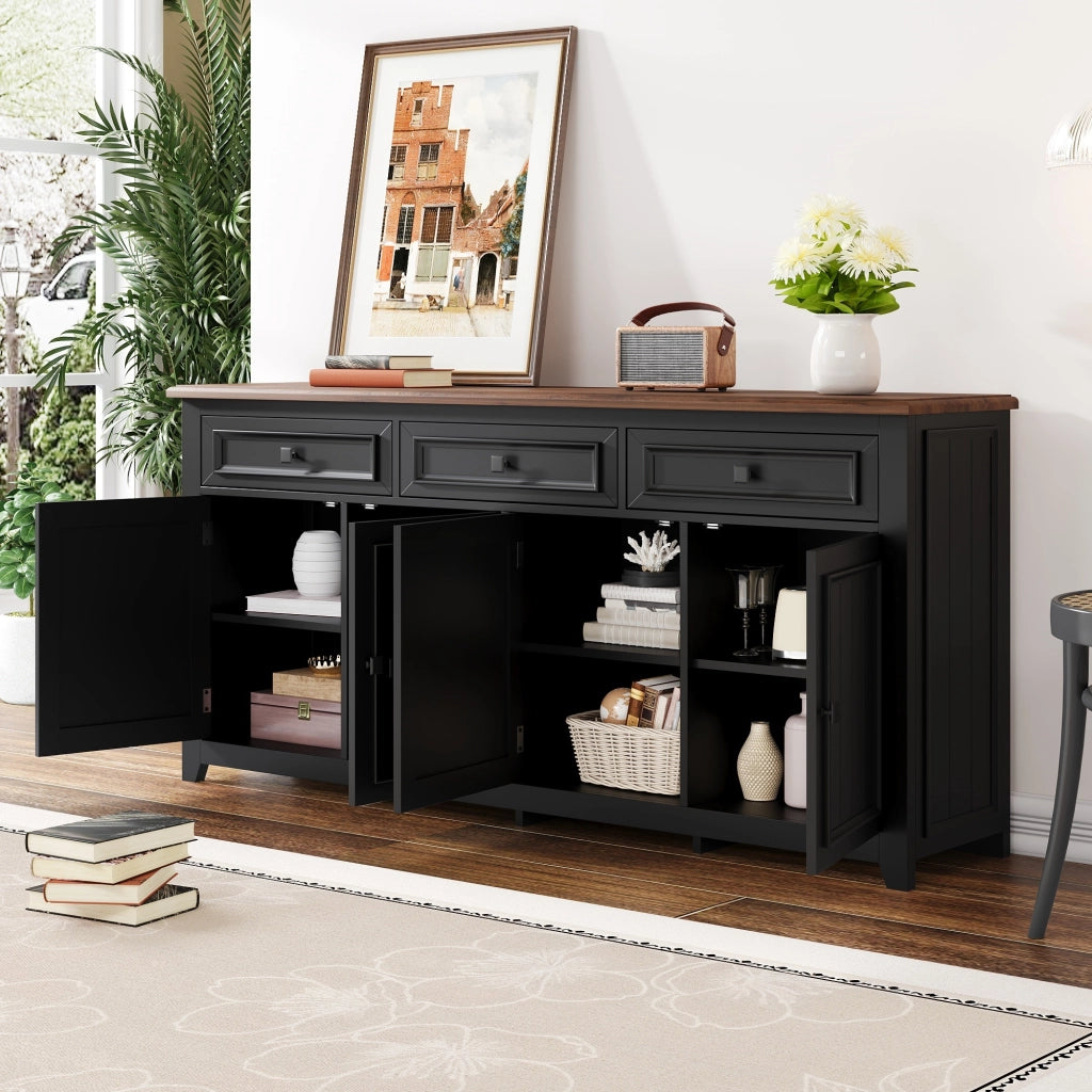 Credenza Nera 160 cm Mobile Buffet Moderno in MDF con 4 Ante e 3 Cassetti