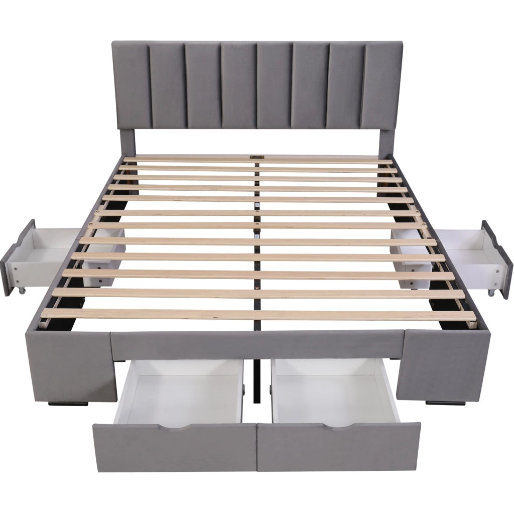 Letto imbottito 160x200 cm; testiera regolabile e 4 cassetti; velluto grigio (Senza materasso)