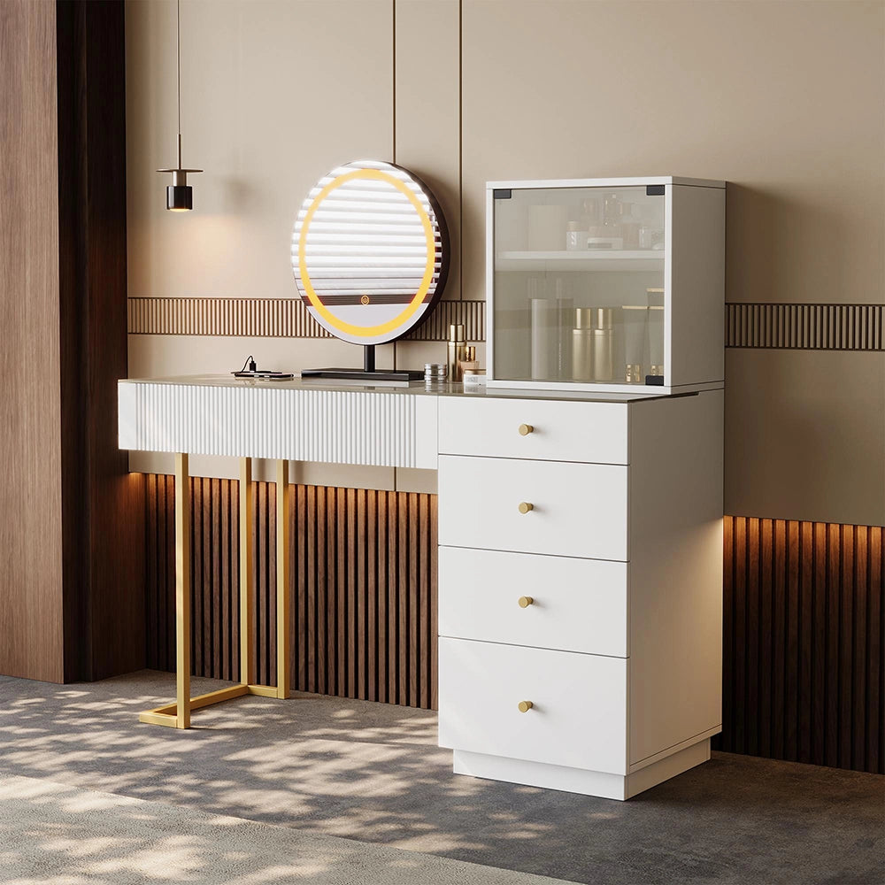 Toeletta con specchio LED - Xylo - L120xP40xH120cm - Bianco - Piano vetro temperato 5 cassetti
