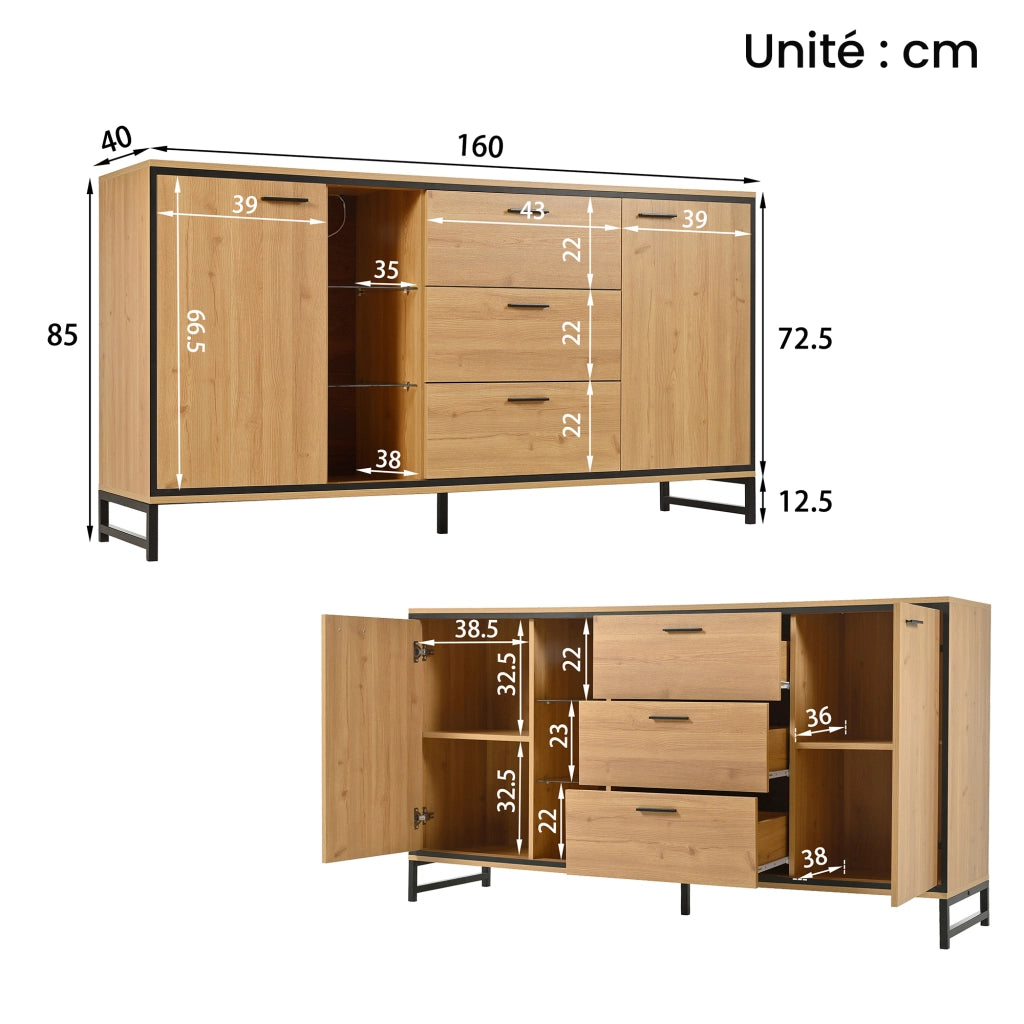 Credenza con 3 Cassetti e Vani; LED 16 Colori; Stile Moderno; in Pannello Truciolare; Naturale; 160¡Á40¡Á85 cm