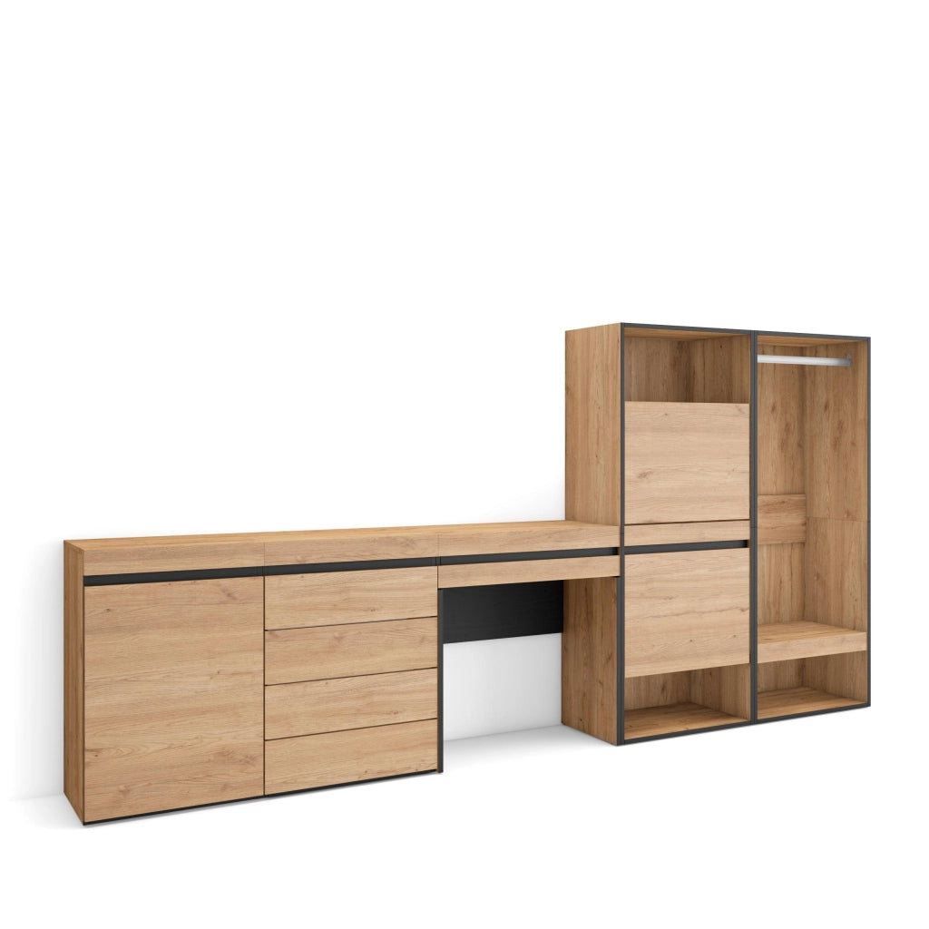Scarpiera, 297x35x145cm, Camera da letto, Armadio Aperto, Cassettiera, Tavolo da toeletta, colore Rovere RF3540