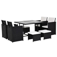 Set da Giardino in Rattan per 8 Persone 9 Pezzi Nero con Cuscini Sfoderabili Crema