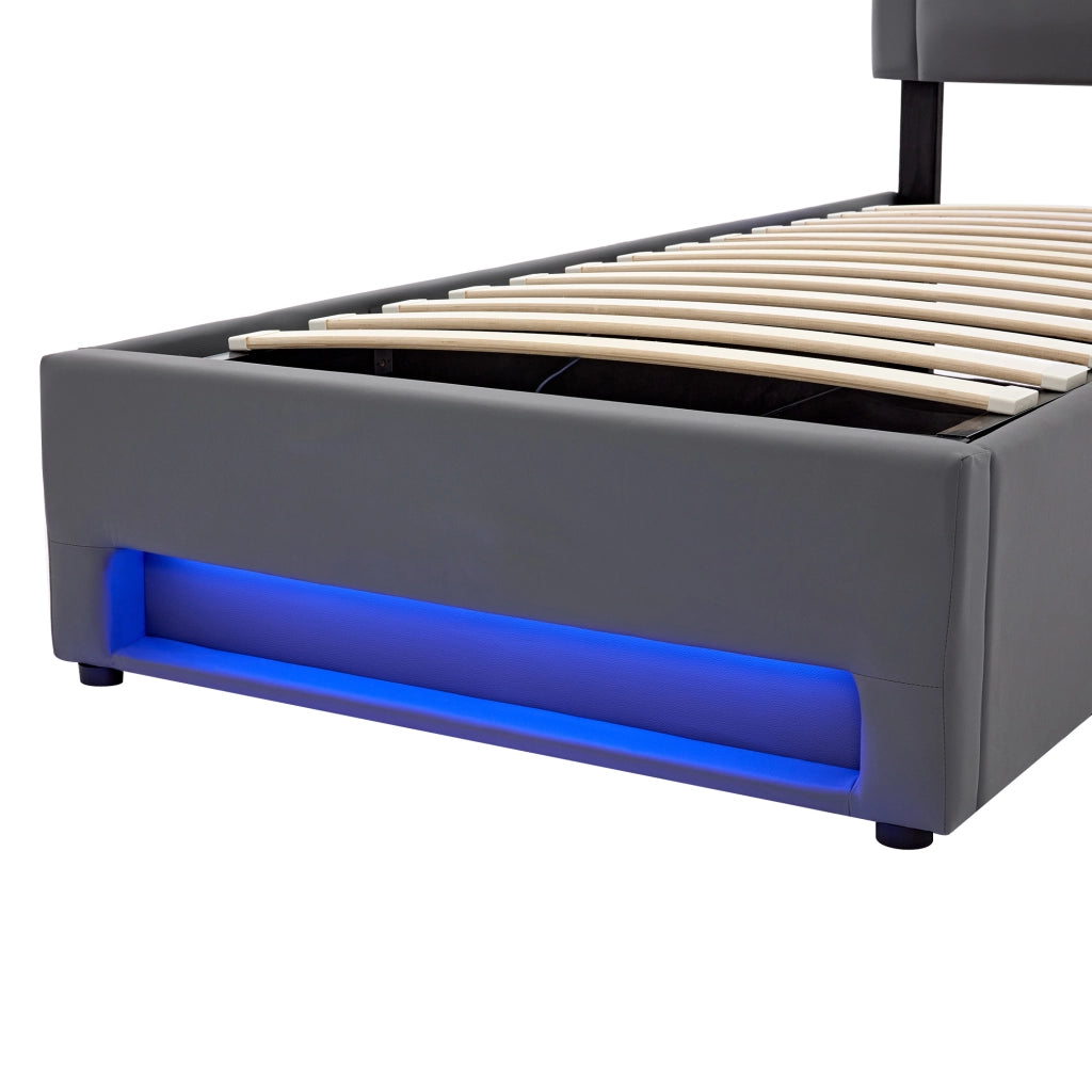 OKWISH Letto Singolo 90×200 cm con Porte USB, Ricarica Wireless, LED Regolabile e Contenitore, senza Materasso, in PU, Grigio