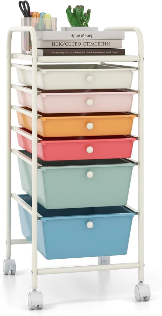 Carrello con 6 Cassetti e Ruote, Cassettiera in Plastica, con Due Dimensioni di Cassetti, Contenitore Multiuso per Casa Bagno e Ufficio, 37 x 74 x 32cm (Morandi)