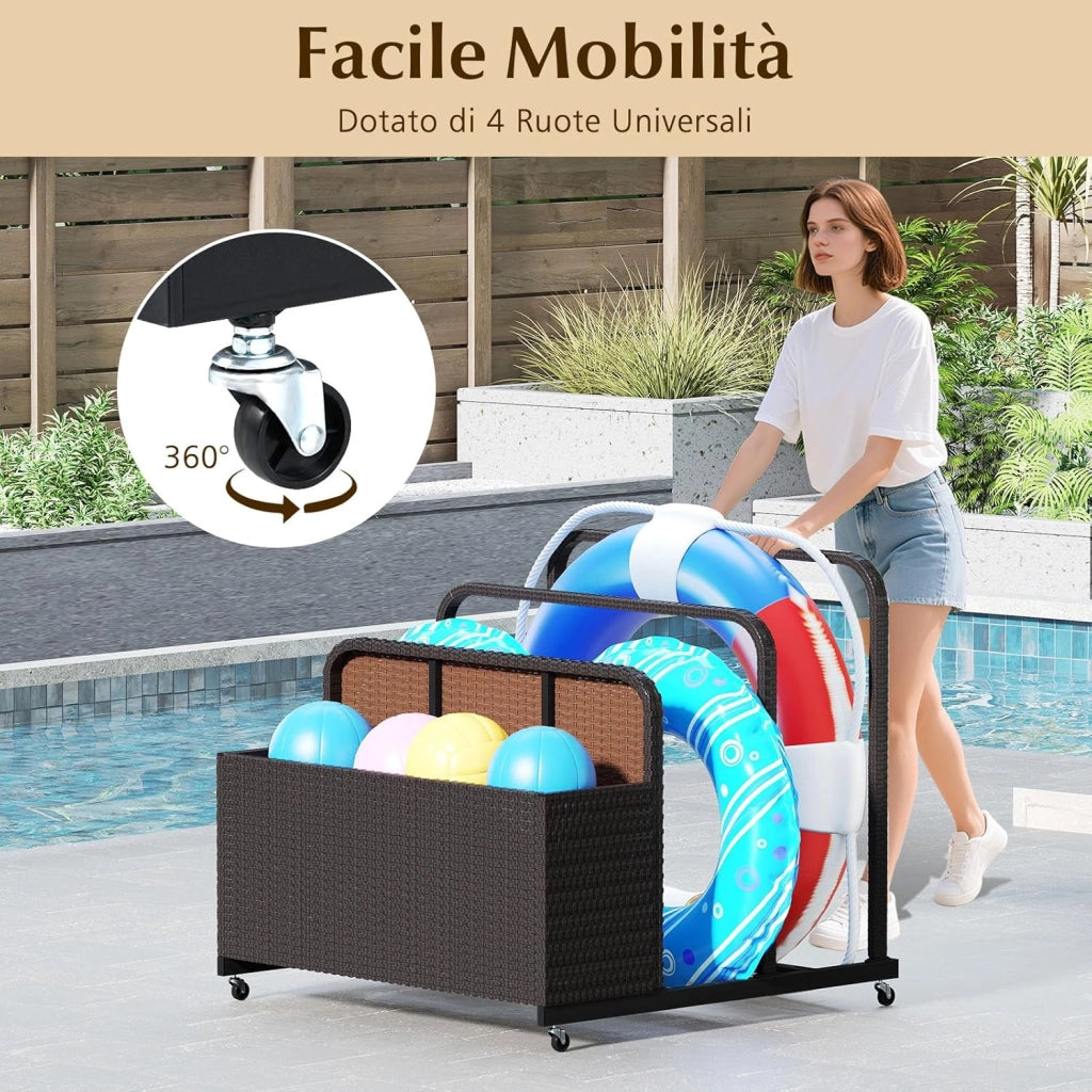 Carrello Archiviazione per Piscina in Rattan PE, Contenitore Esterno Impermeabile con 2 Portasciugamani e 4 Ruote, Portacoperte Giardino per Boe, Salvagenti, Cuscini e Asciugamani (Marrone)