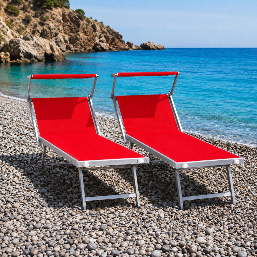 Set 2 Lettini Prendisole Pieghevoli Professionali In Alluminio Leggero Con Tettuccio Parasole Regolabile Sdraio Relax Mare Spiaggia Piscina Giardino Terrazza 182 x 60 x 38 Cm Rosso