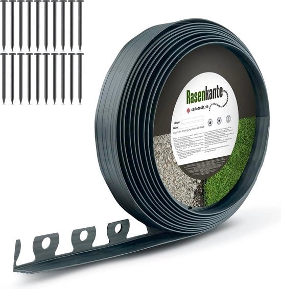 Gazon rand in plastica, grafite, 50 mm x 10 m, con 20 spiedini, bordo giardino, gazon rand, gazon rand di limitazione, gazon rand decorativo, limitazione per fiori.