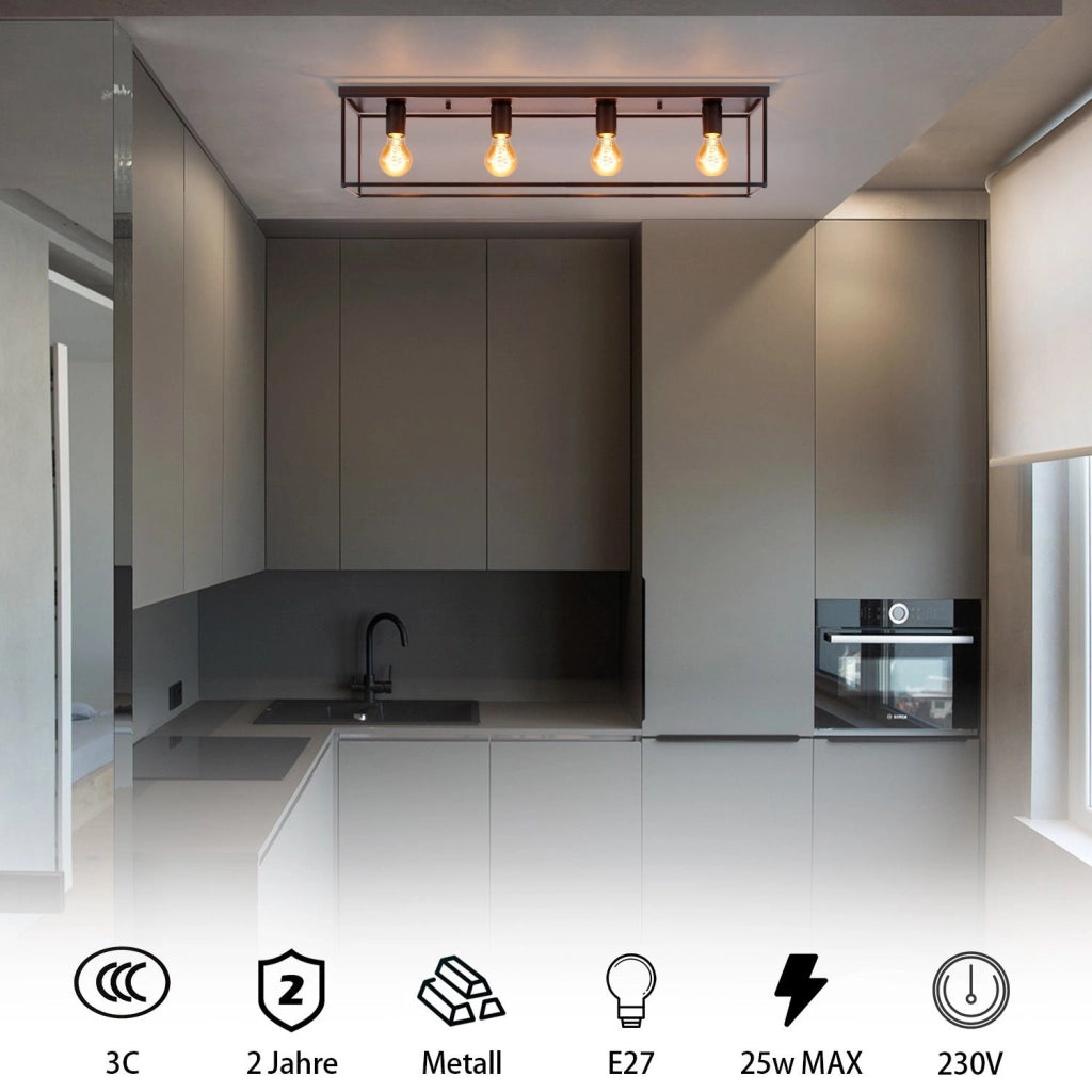 ZMH Lampada da soffitto industriale retrò nera 4 teste E27 con lampadine per camera letto soggiorno cucina corridoio
