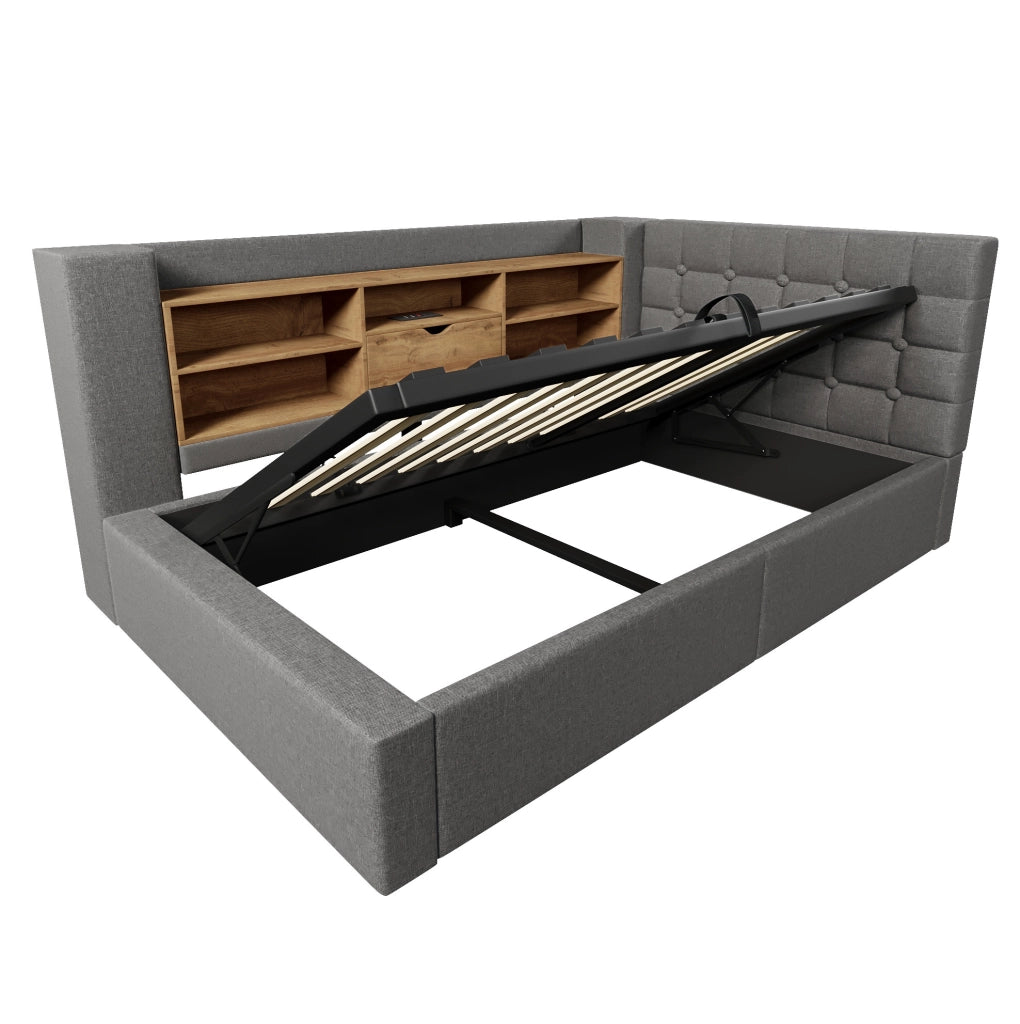 Letto singolo imbottito 90x190 cm con contenitore; LED e prese USB; grigio