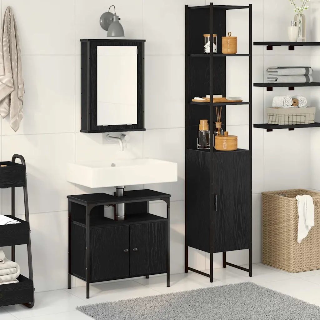 Set di mobili per il Bagno | Armadio da bagno 3 pz Rovere Nero Legno multistrato