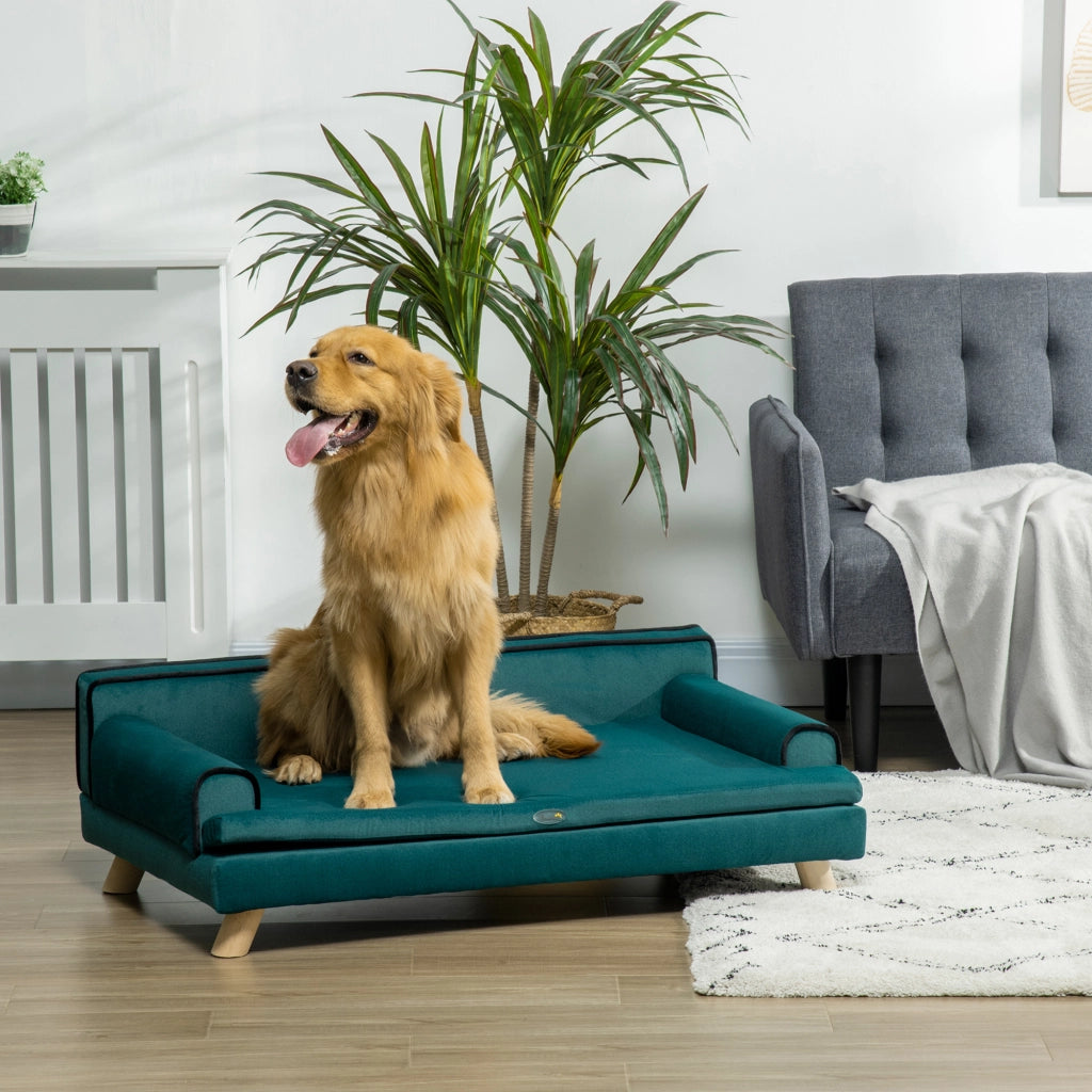 Divano per cane gatto design scandinavo cuscino removibile legno massello 100x62x32 cm blu