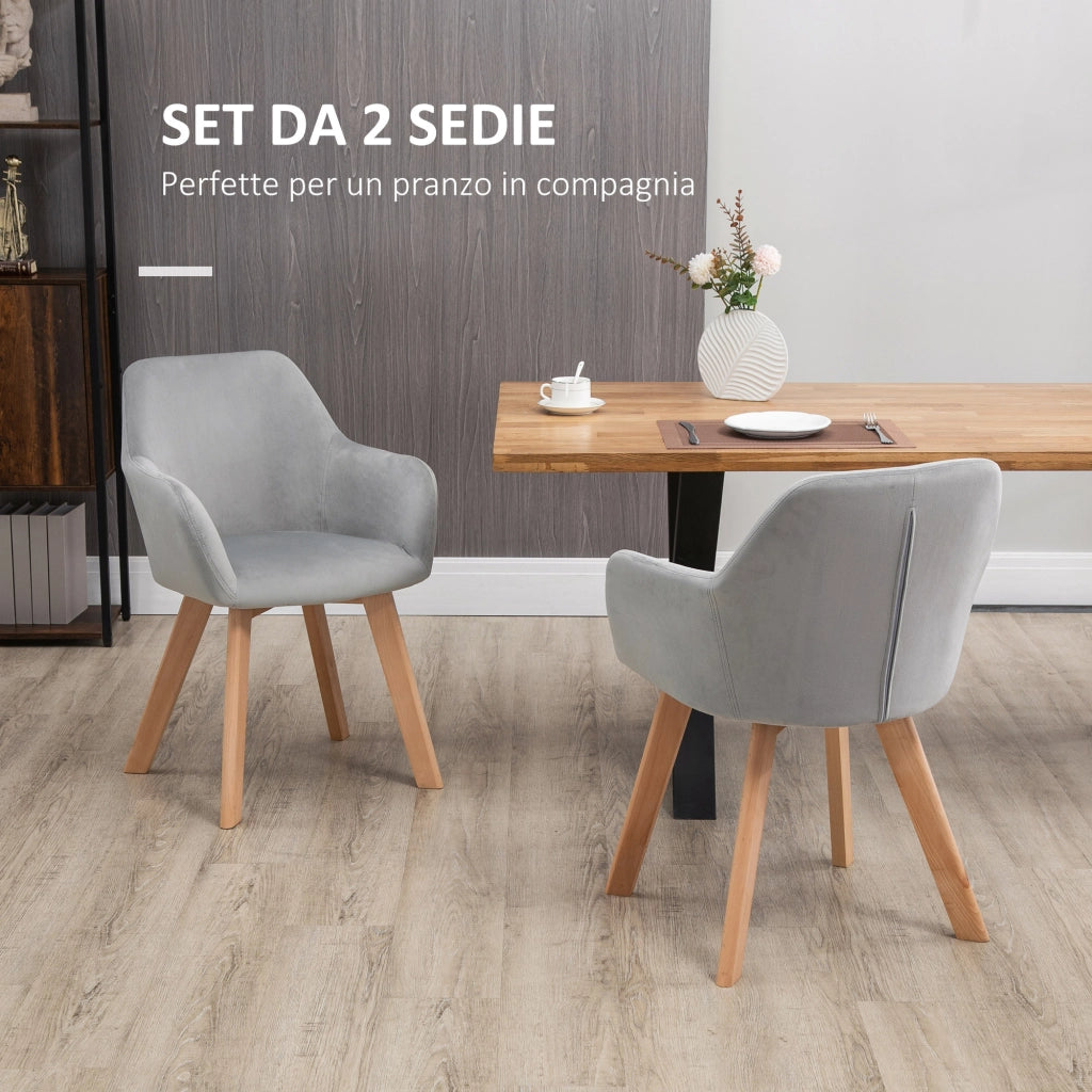 Set 2 Sedie per Sala da Pranzo Imbottite in Velluto con Braccioli e Gambe in Legno, Grigio