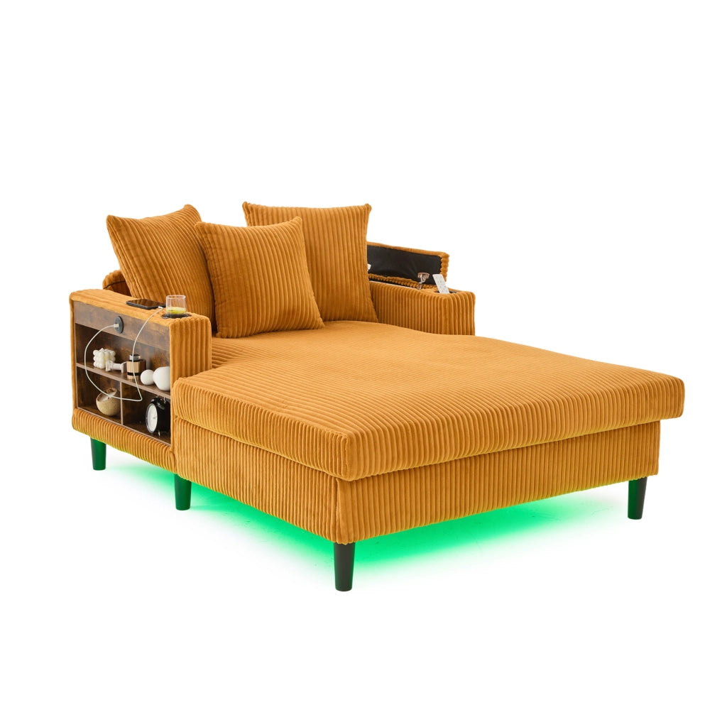 Méridienne con portabicchieri, luci LED, vano portaoggetti e porta USB in velluto a coste giallo senape 129 × 170 × 70 cm