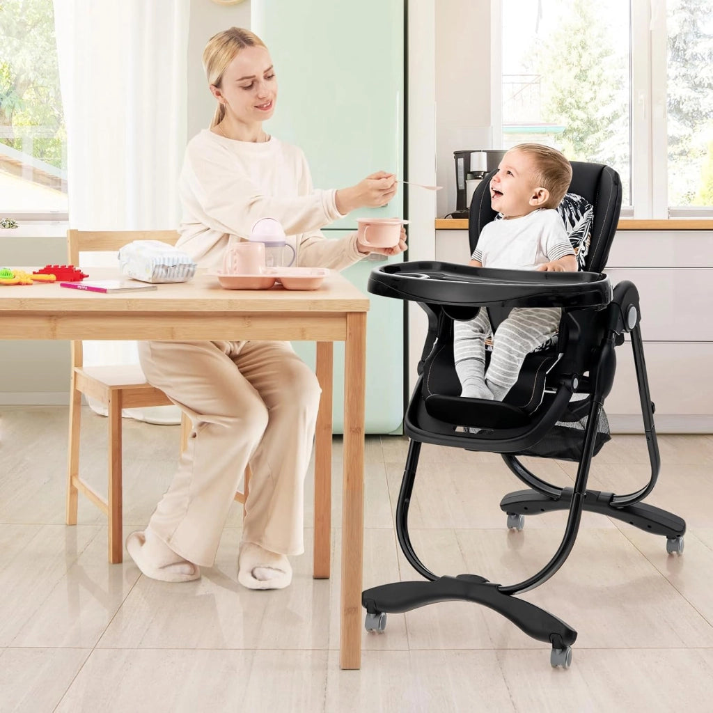 Seggiolone Pappa Bambini Pieghevole, Altezza Regolabile (Nero) | Seggiolone Multifunzione con 4 Ruote, Poggiapiedi e Schienale, Vassoio Rimovibile, per 6-36 Mesi, Fino a 15 kg