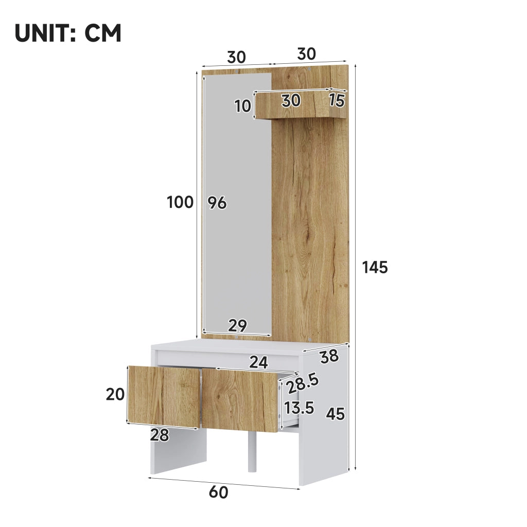 Set ingresso salvaspazio con appendiabiti, ganci, specchio, panca portascarpe e 2 cassetti, bianco e naturale, 60¡Á38¡Á145 cm