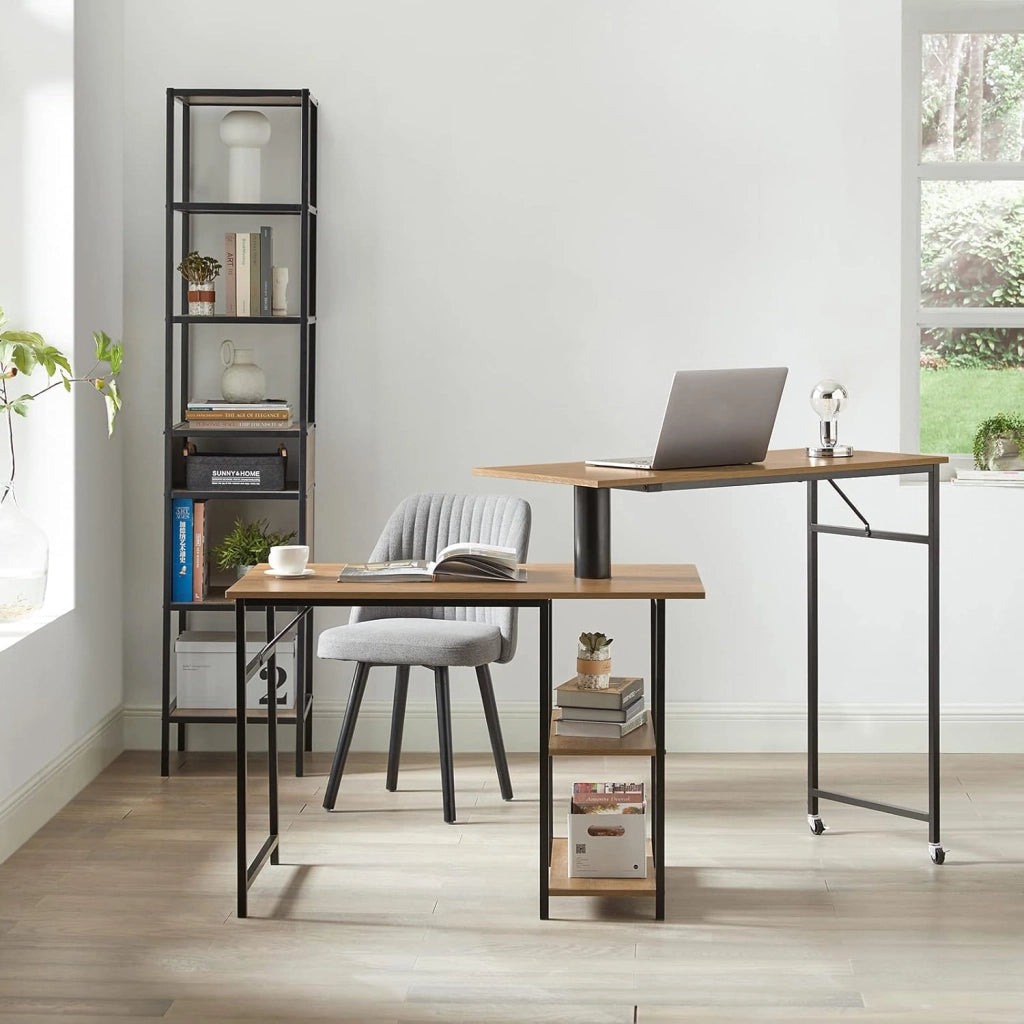 Scrivania con 2 ripiani, Tavolo da bar girevole a 360 gradi, Tavolo per computer con ruote, Stile industriale, FWT93-F