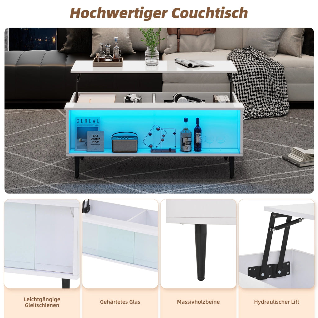 Tavolino da caffè alzabile con LED e vani contenitore - per soggiorno - 105×50×43 cm - bianco