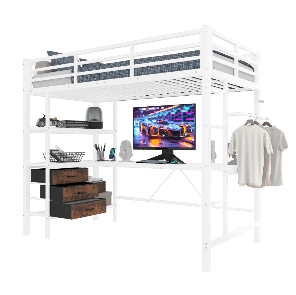 Letto a soppalco 90x200 cm con scrivania, LED, 3 cassetti e USB