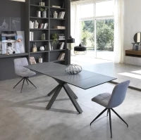 E-STYLO Tavolo allungabile con top in ceramica marmo grigio grafite e vetro temperato, gambe in metallo verniciato antracite, 90cm X 160 / 240cm H. 76cm.