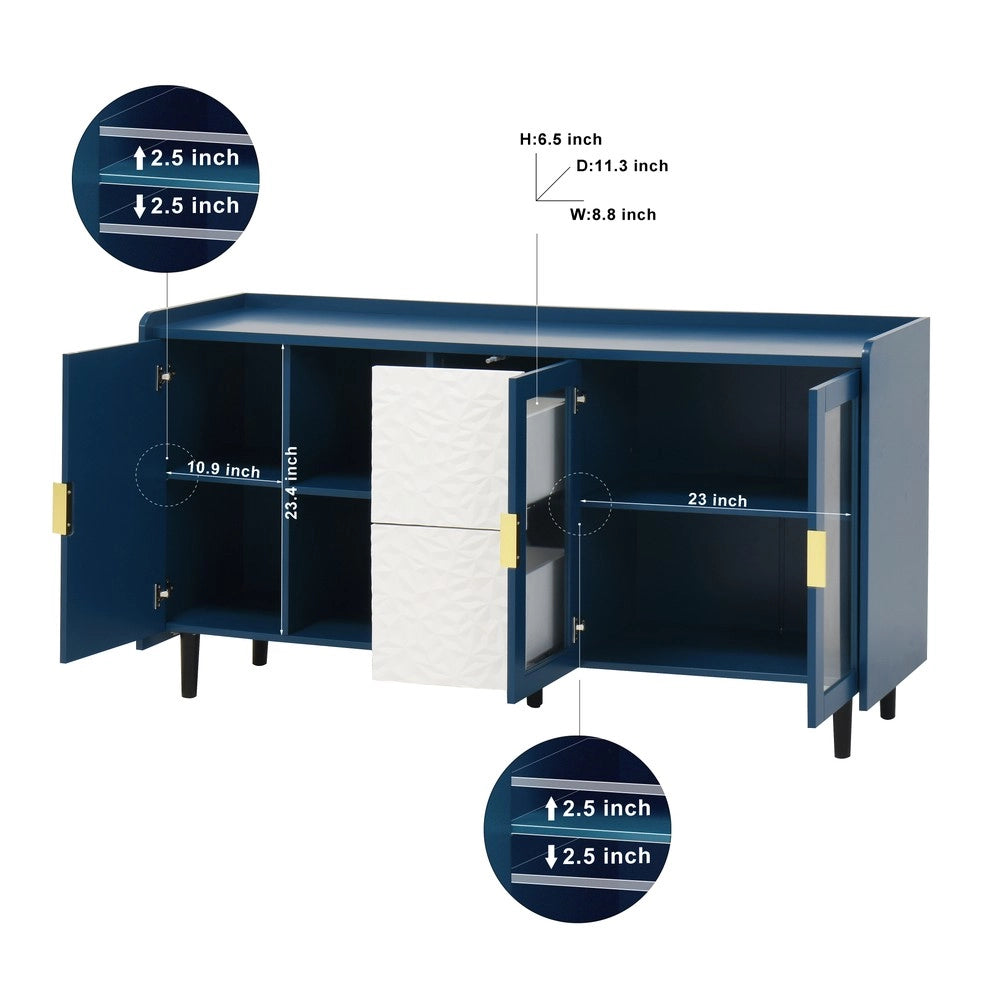 Credenza da Cucina con 2 Cassetti e 2 Ante in Vetro ¨C MINIMAL ¨C Legno Blu 55 Pollici
