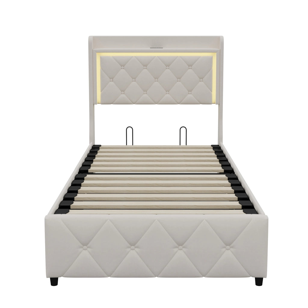 Letto singolo contenitore 90x200 cm con testiera LED e porta USB struttura letto imbottita con contenitore idraulico in velluto beige
