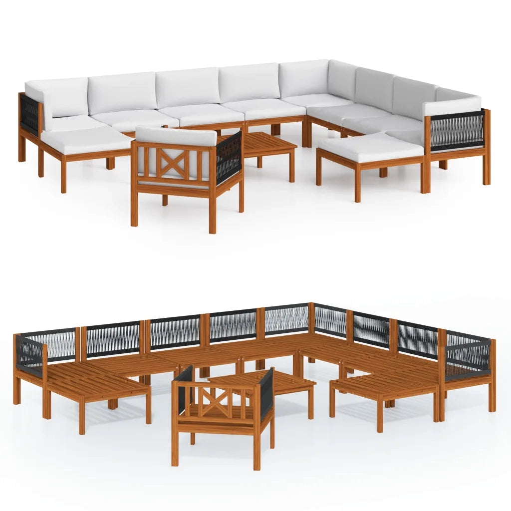 Set da giardino 12 pezzi con cuscini in legno crema, acacia e corda 3057894