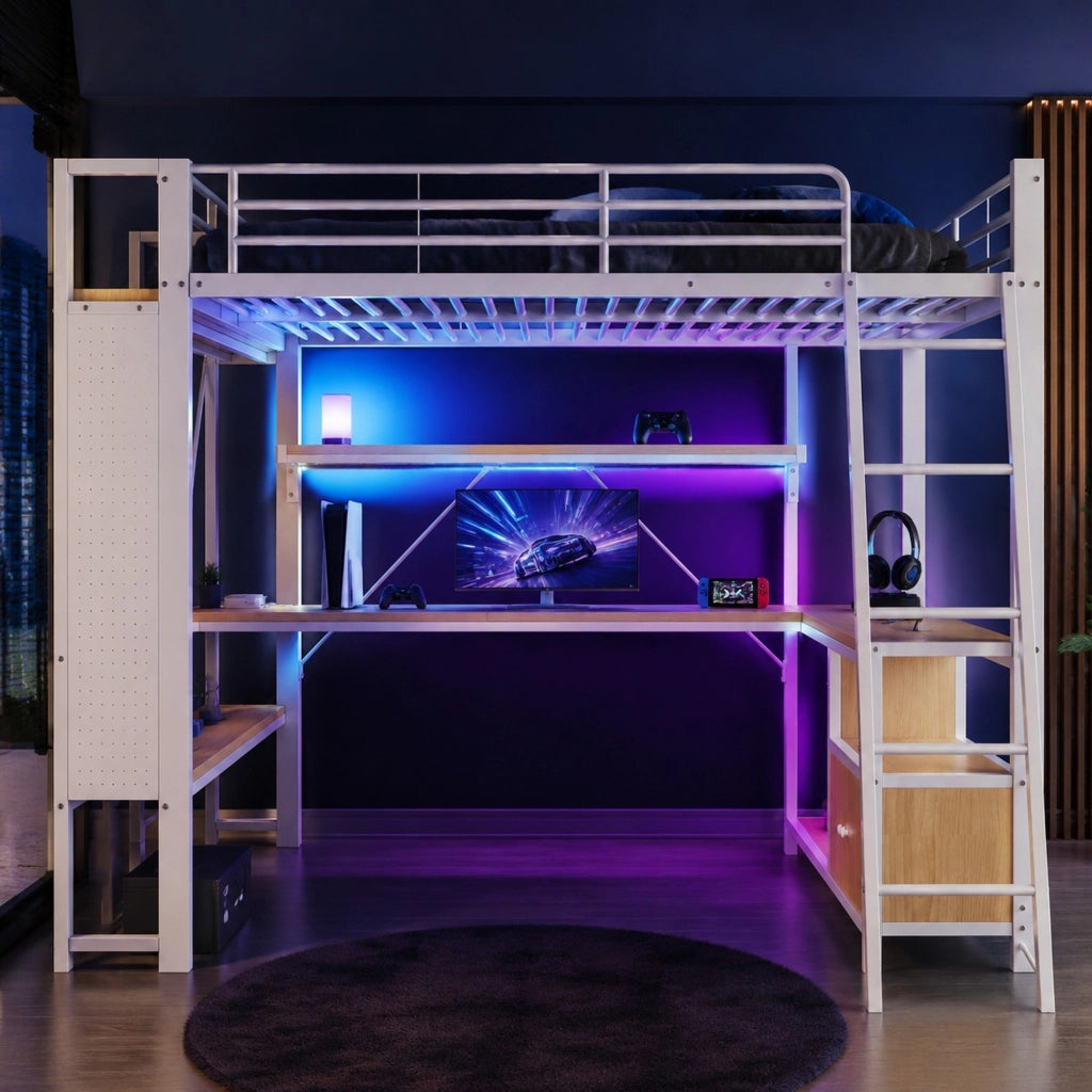 Letto a soppalco 140x200 cm bianco con scrivania, LED, USB e ripiani