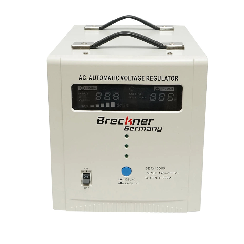 Stabilizzatore di tensione automatico 10000VA con relè monofase, 2 prese schuko 230V, display LCD Breckner Germany