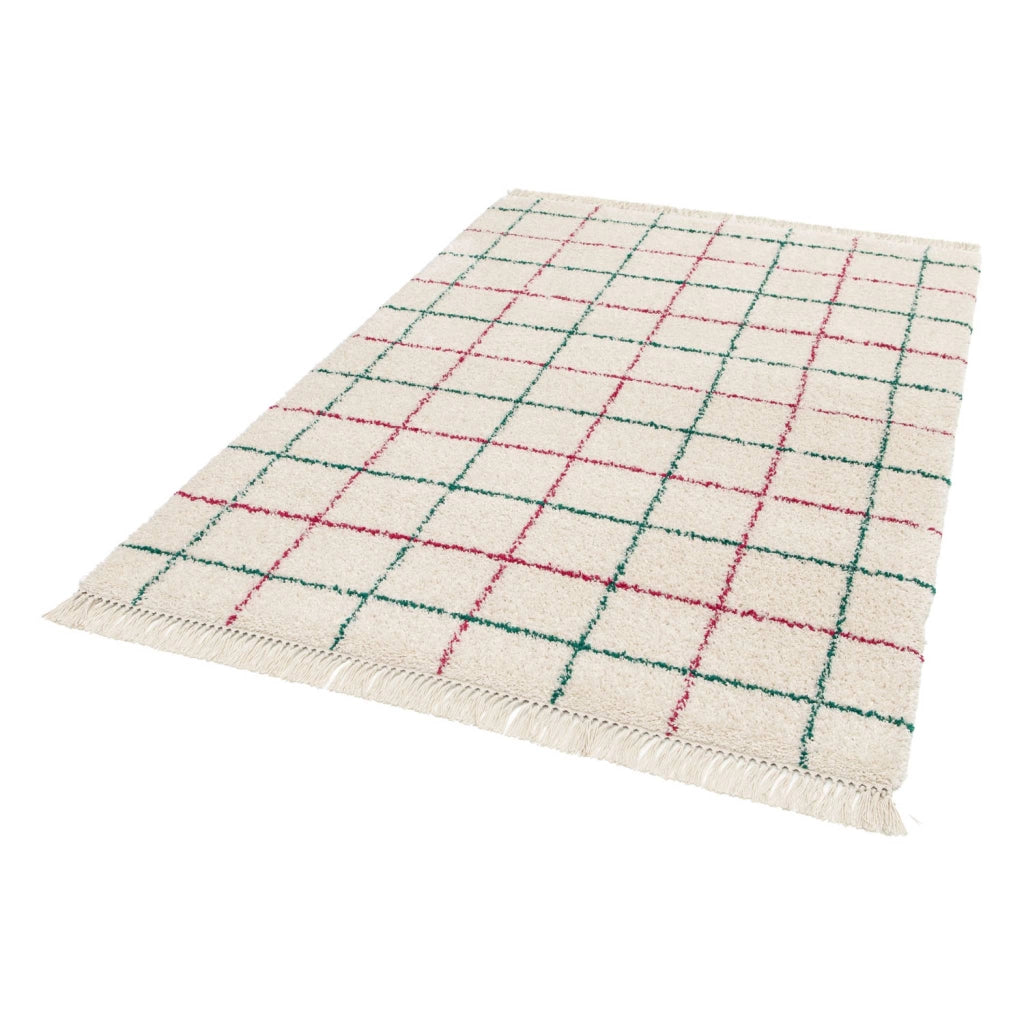 Tappeto interno shaggy motivo a griglia multicolore con frange