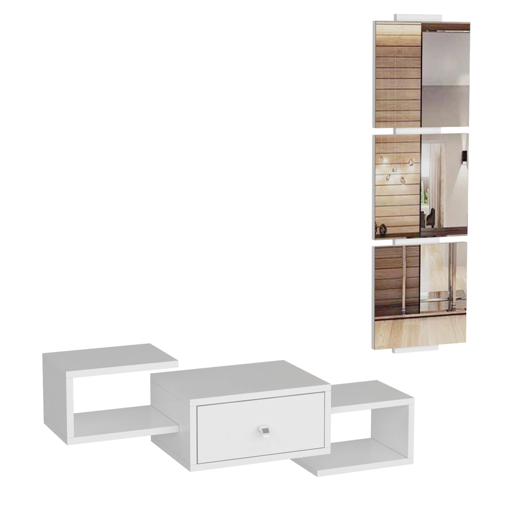 Set da Ingresso 'Brædstrup' Composto di Specchio e Mensola da Muro con Ripiani e Cassetto - Bianco [en.casa]