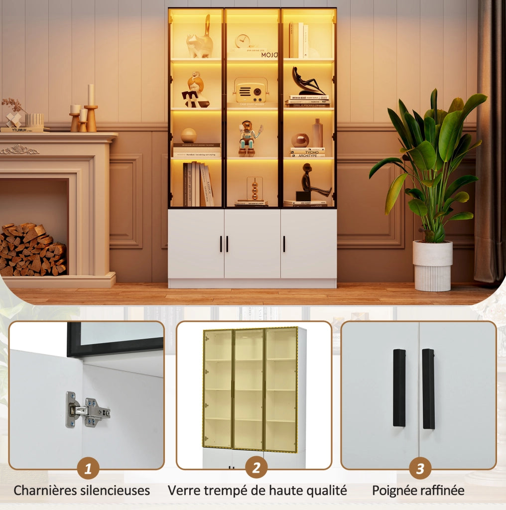 Vetrina alta 120 x 32 x 200 cm con 6 ante in vetro; LED controllato da app; bianco