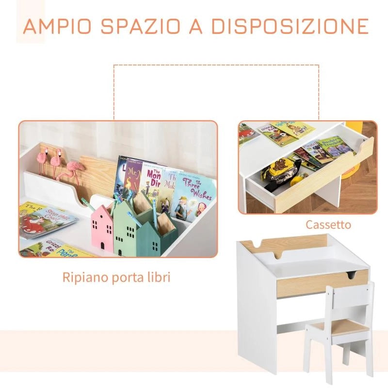SET SCRIVANIA E SEDIA PER BAMBINI CON CASSETTO E SCAFFALE, BORDI ARROTONDATI, ETÓ 6-10 ANNI, BIANCO E LEGNO