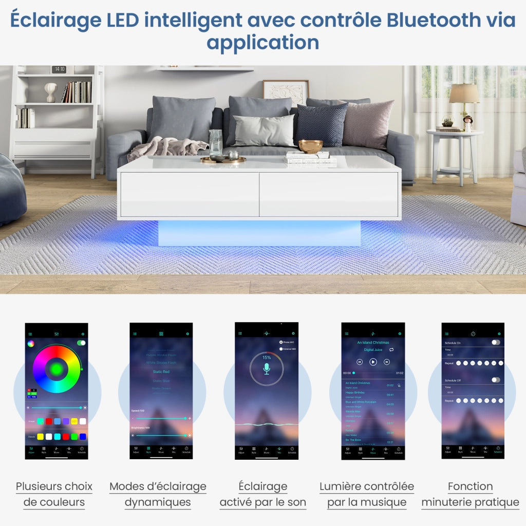 Tavolino da Salotto con 2 Cassetti e LED; Bianco Lucido; Stile Moderno; in Pannello Truciolare; Bianco