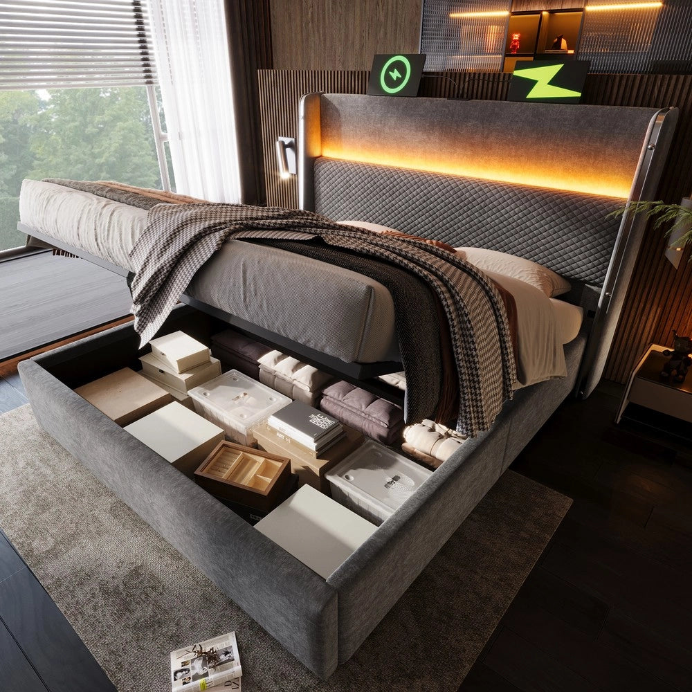 Letto Contenitore Matrimoniale con LED e Testiera Alta ¨C MINIMAL ¨C Grigio Lino 140x200