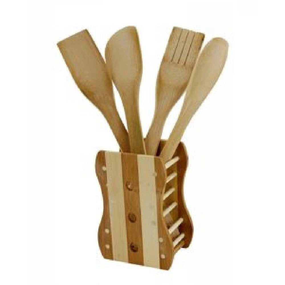 Trade Shop - Kit 5 Pz Cucina Porta Mestolo Mestoli In Legno Bambù Con 4 Mestoli Posate 67375 -