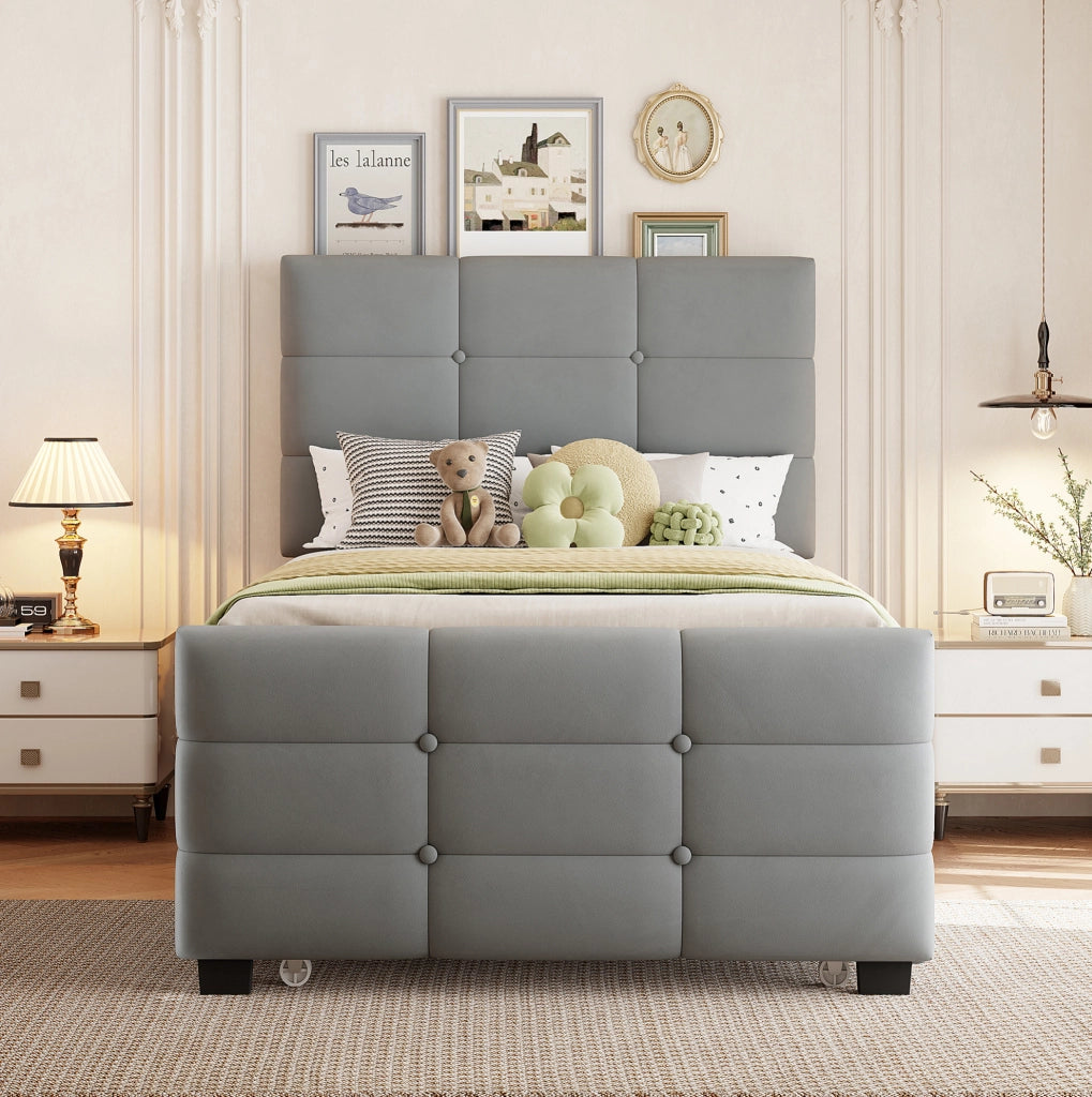 Letto imbottito 90 x 190 cm con letto estraibile; velluto grigio