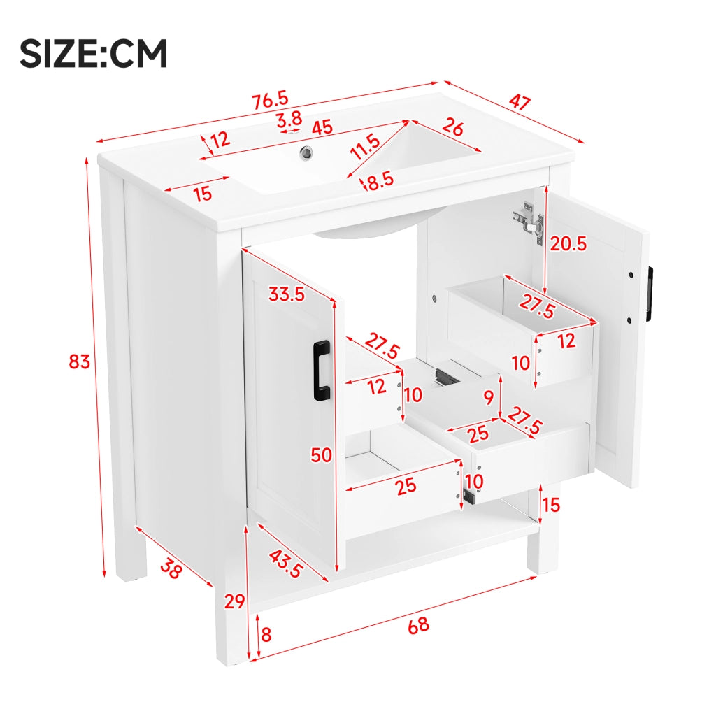 Mobile sottolavabo con lavabo in ceramica, 2 ante e vano aperto per bagno, bianco, 76,5 × 47 × 83 cm