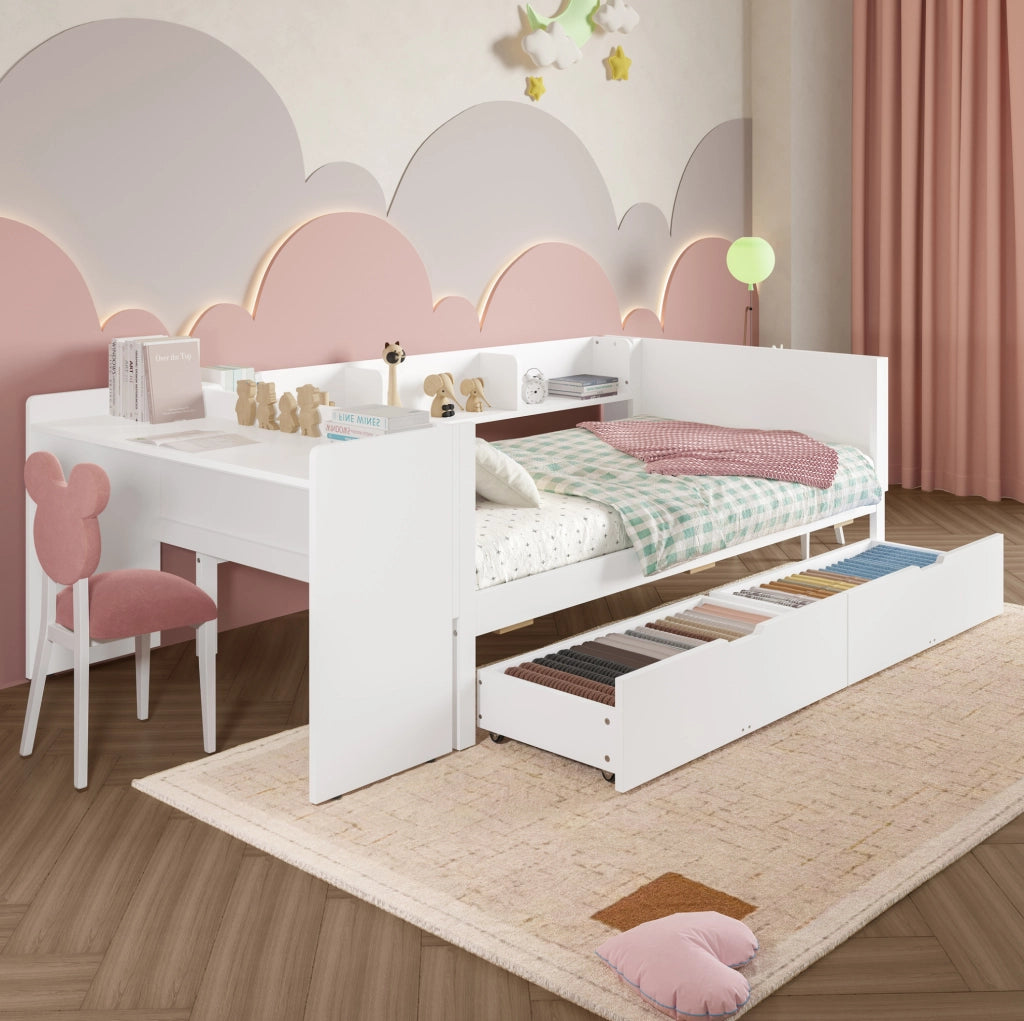 Letto singolo 90x200 cm con scrivania; 2 cassetti e 3 ripiani in legno di pino
