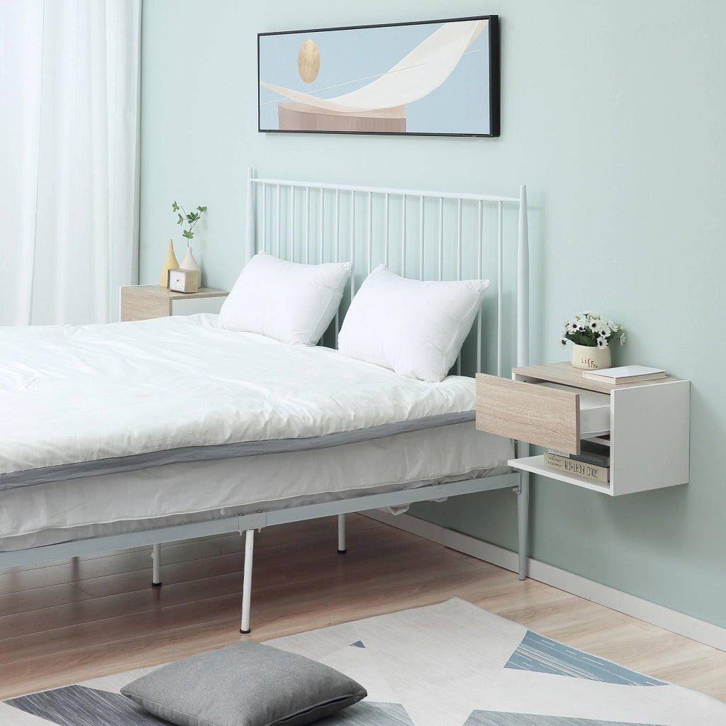 Comodino sospeso ¨C zephmum ¨C 2 pezzi, bianco, legno effetto rovere