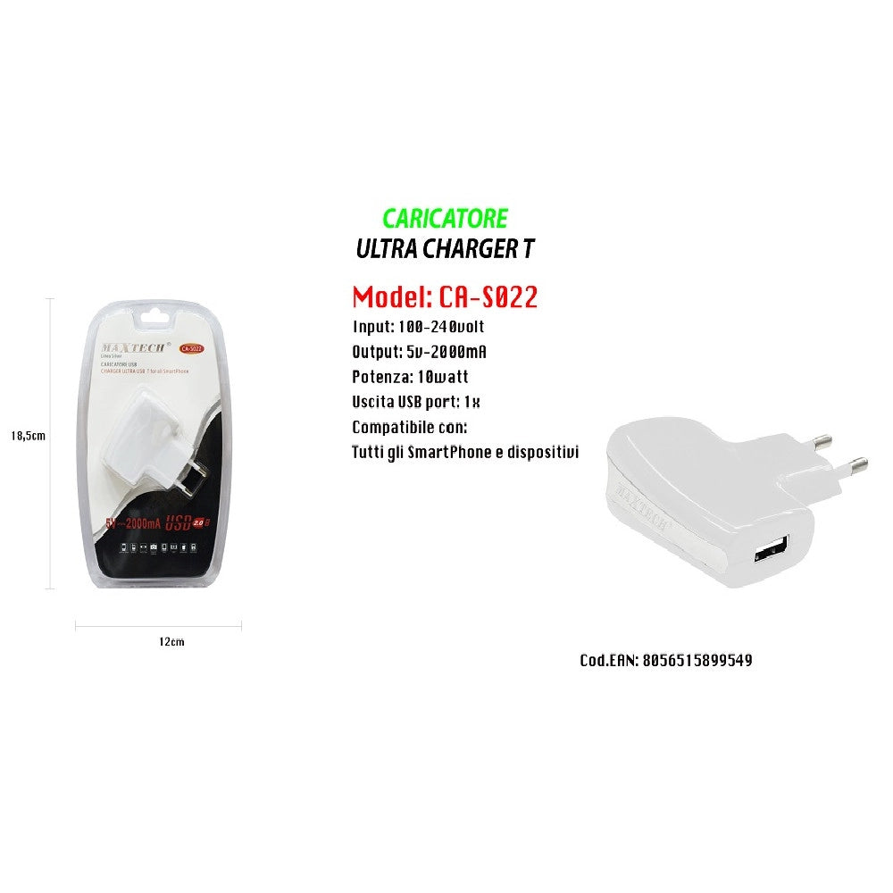 Trade Shop - Caricatore Usb A Presa Spina Ricarica Smartphone Dispositivi 5v-2000ma Maxtech Ca-s022 -