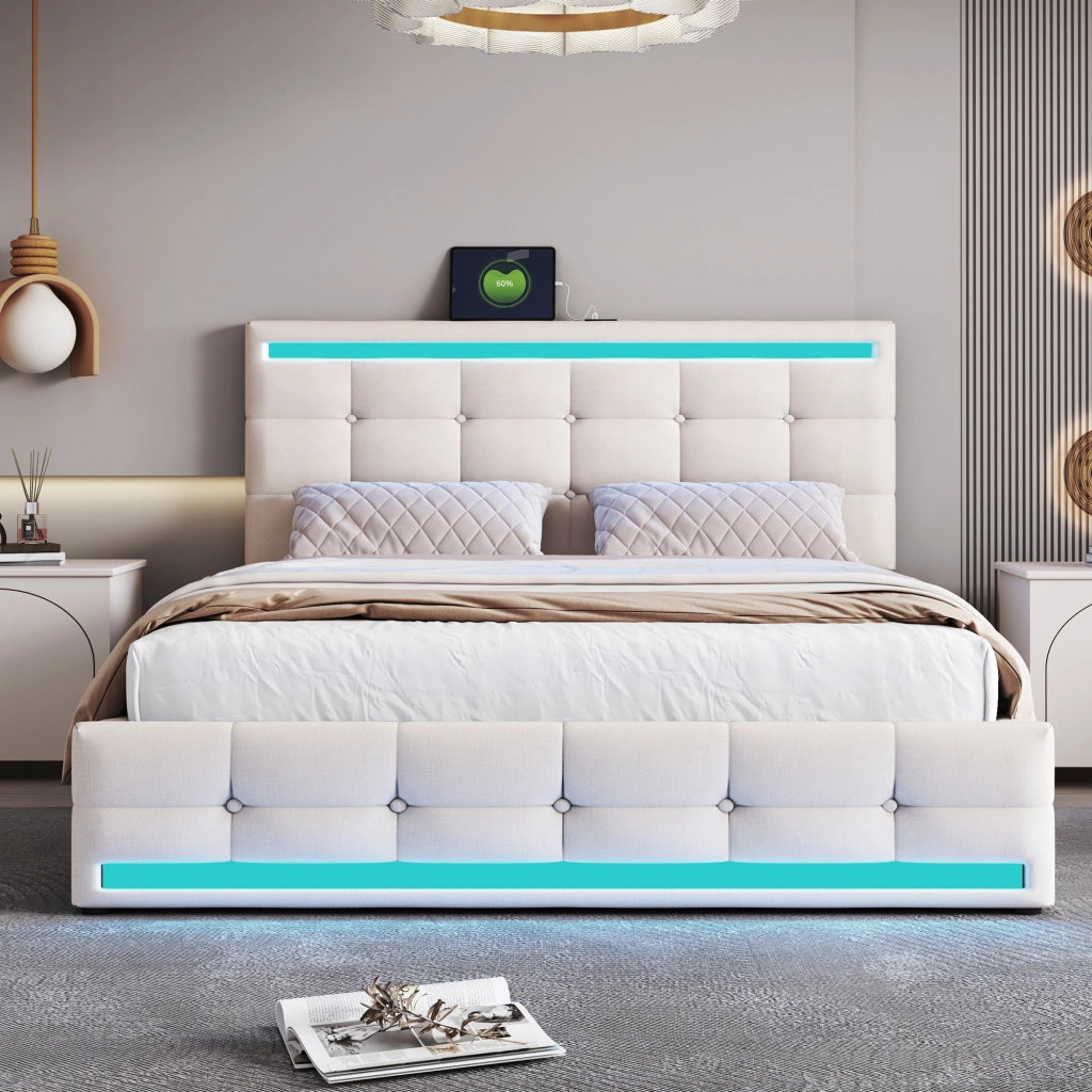 Letto imbottito con LED, 2 USB, contenitore e testiera regolabile, 140x200 cm, lino beige