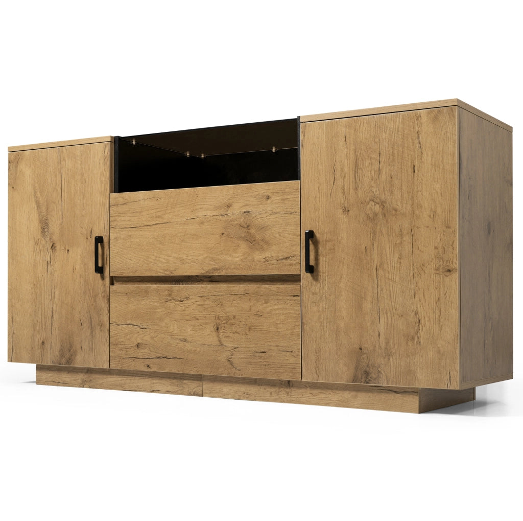 Credenza 140x40x70 cm con 2 cassetti; 2 ante e vano aperto in legno; vetro e metallo rovere chiaro