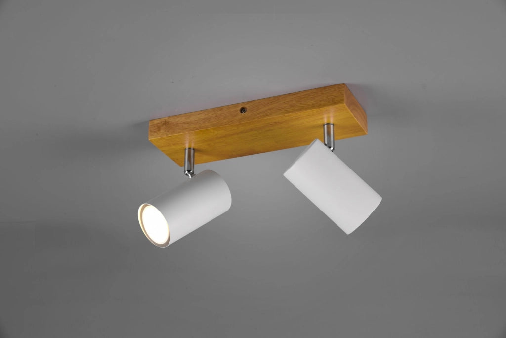 MARLEY BARRA 2 SPOTS CILINDRI BIANCHI BASE LEGNO NATURALE L. 26CM 2 LUCI ATTACCO GU10