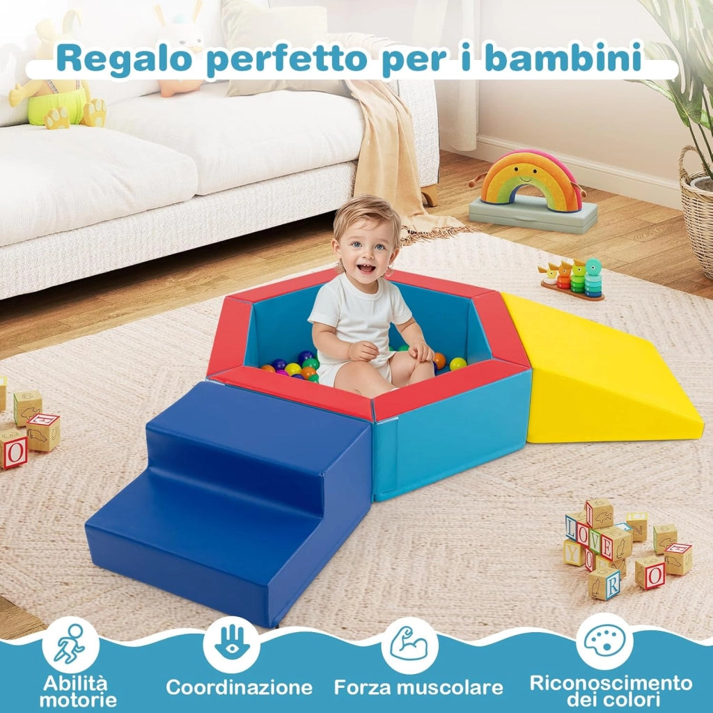 Set di 3 Blocchi da Arrampicata in Schiuma per Bambini, Set Gioco per Interni con Piscina di Palline, Triangolo, Scala e Palline Colorate per Bambini 1+ Anni