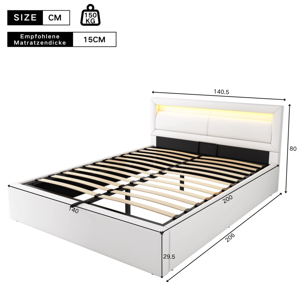 Letto imbottito 140x200 cm con LED, rete e vano contenitore