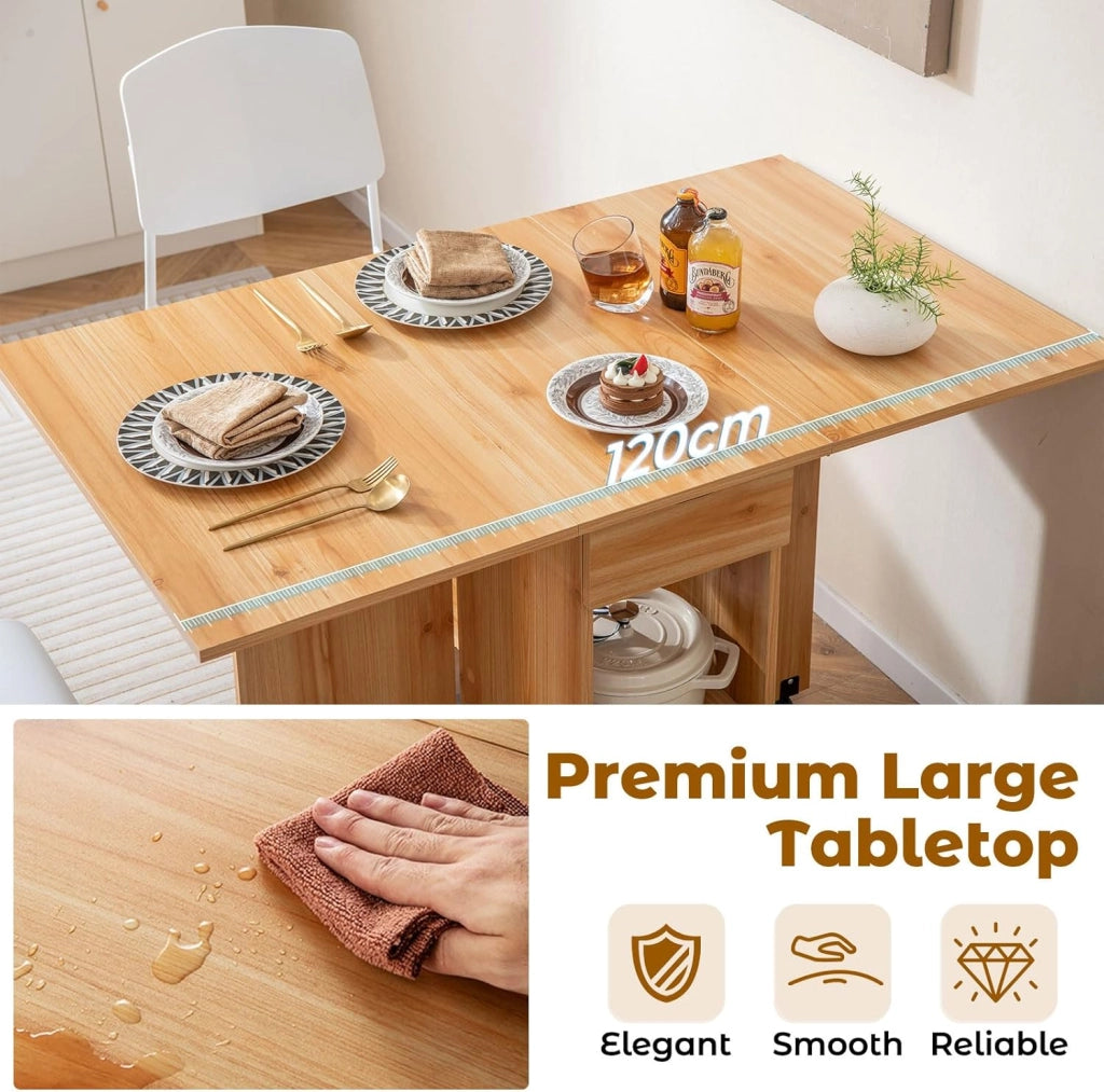 Tavolo Pieghevole da Cucina, Tavolo da Pranzo Piccolo Pieghevole con 2 Ruote, Tavolo da Cucina Mobile con 1 Cassetto e 2 Ripiani, Tavolo da Pranzo in Legno