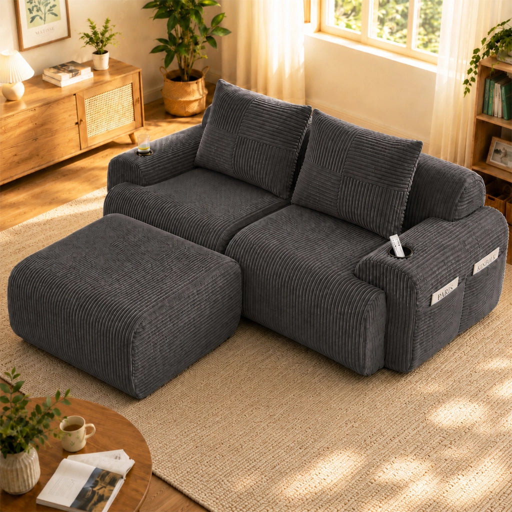 Divano Modulare 2 Posti con Portabicchieri e Tasca Laterale in Velluto a Coste Grigio Scuro 200 × 174 × 80 cm