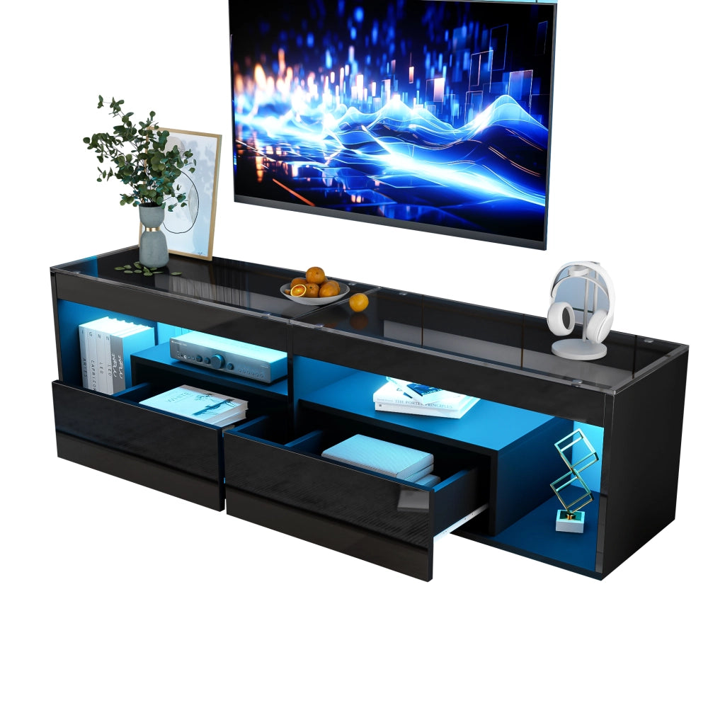 Mobile porta tv nero lucido con led 180cm per tv fino a 70 pollici e 2 cassetti