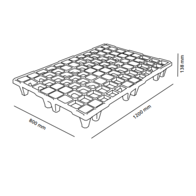 Pallet in plastica (PPR), bancale Mis. 800 L x 1200 P x 138 H mm, piano forato, portata statica 1600 Kg, portata dinamica 900 Kg